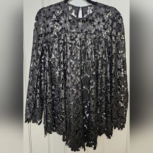 Maria Cher Black Faux Leather Top Blouse Tunic with Floral Lace Macramé Size M